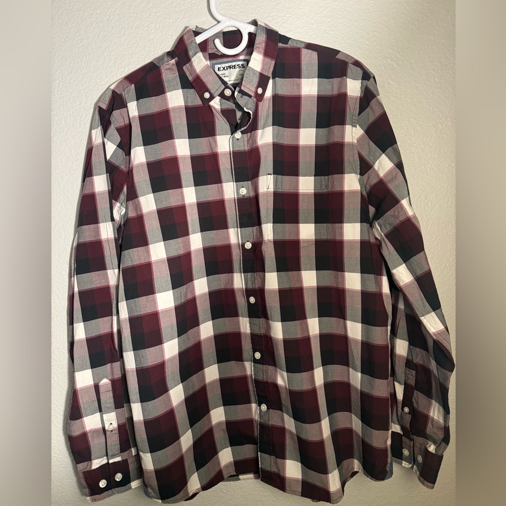 Express Men's Plaid Shirt - Burgundy and Black Size Large